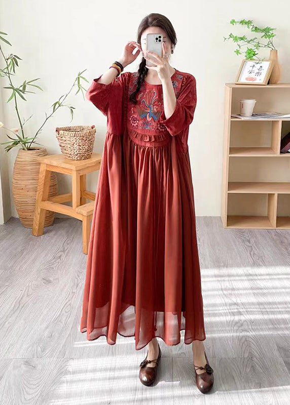 Loose Black O Neck Embroidered Patchwork Silk Dress Summer