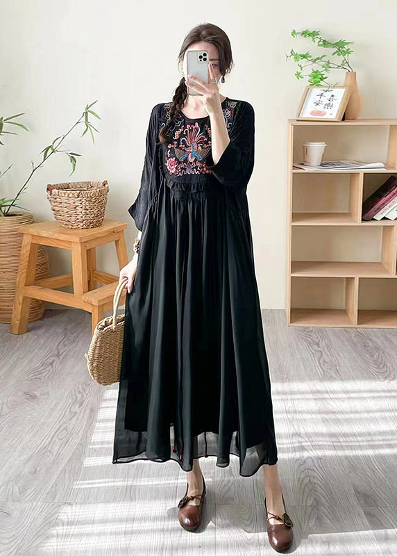 Loose Black O Neck Embroidered Patchwork Silk Dress Summer