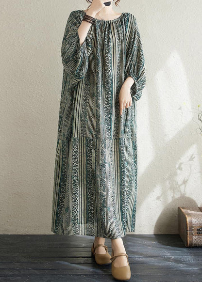 Loose Green O Neck Striped Cotton Long Dress Summer
