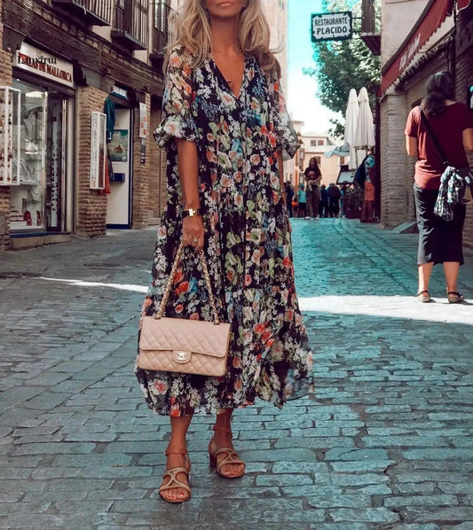 CD | Rochie maxi cu decolteu în V și model floral