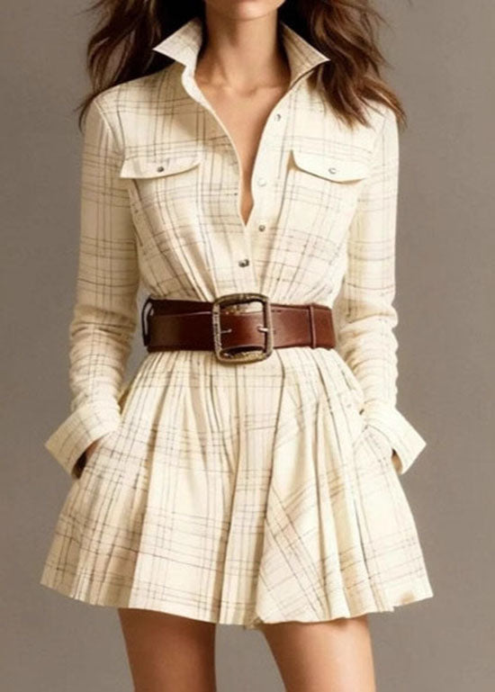 Multicolor Stand Collar Plaid Pockets Cotton Mid Dress Fall