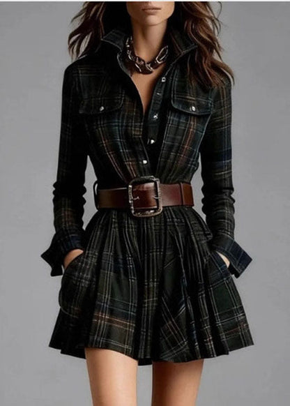 Multicolor Stand Collar Plaid Pockets Cotton Mid Dress Fall