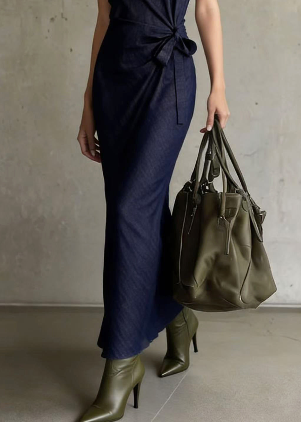 Navy Asymmetrical Design Denim Long Dresses Sleeveless