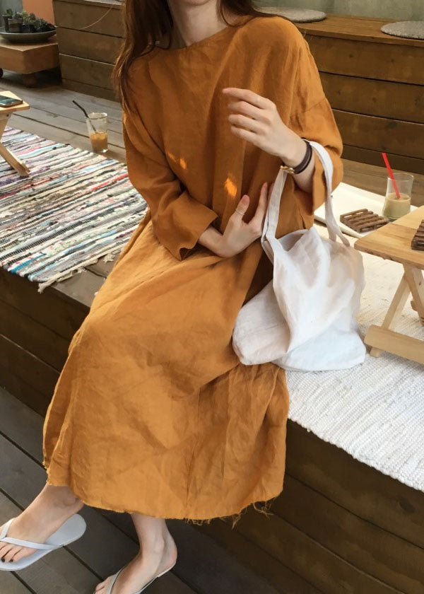 Orange O Neck Patchwork Cotton Loose Dress Spring