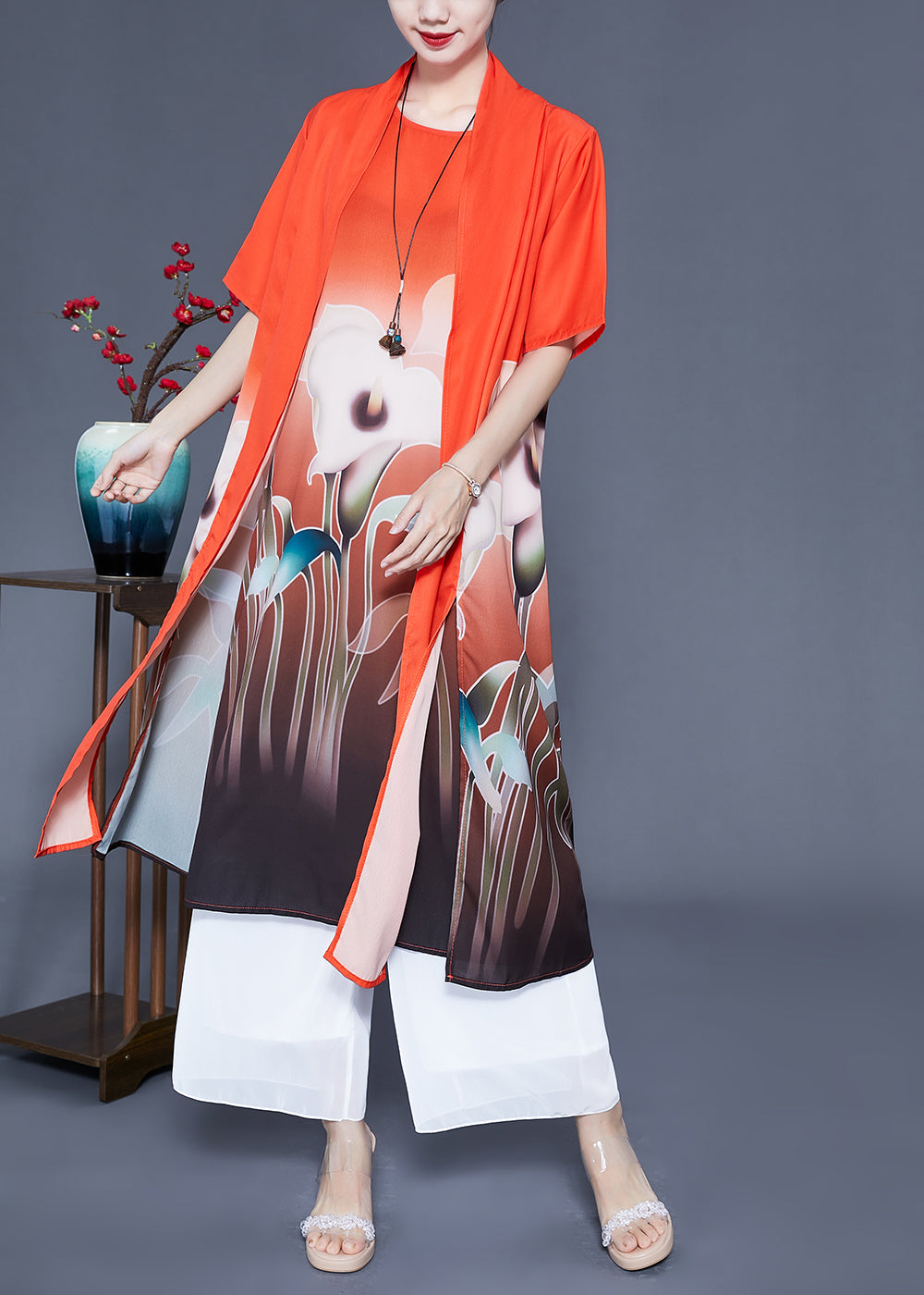 Orange Oversized Print Side Open Silk Two Pieces Set Summer