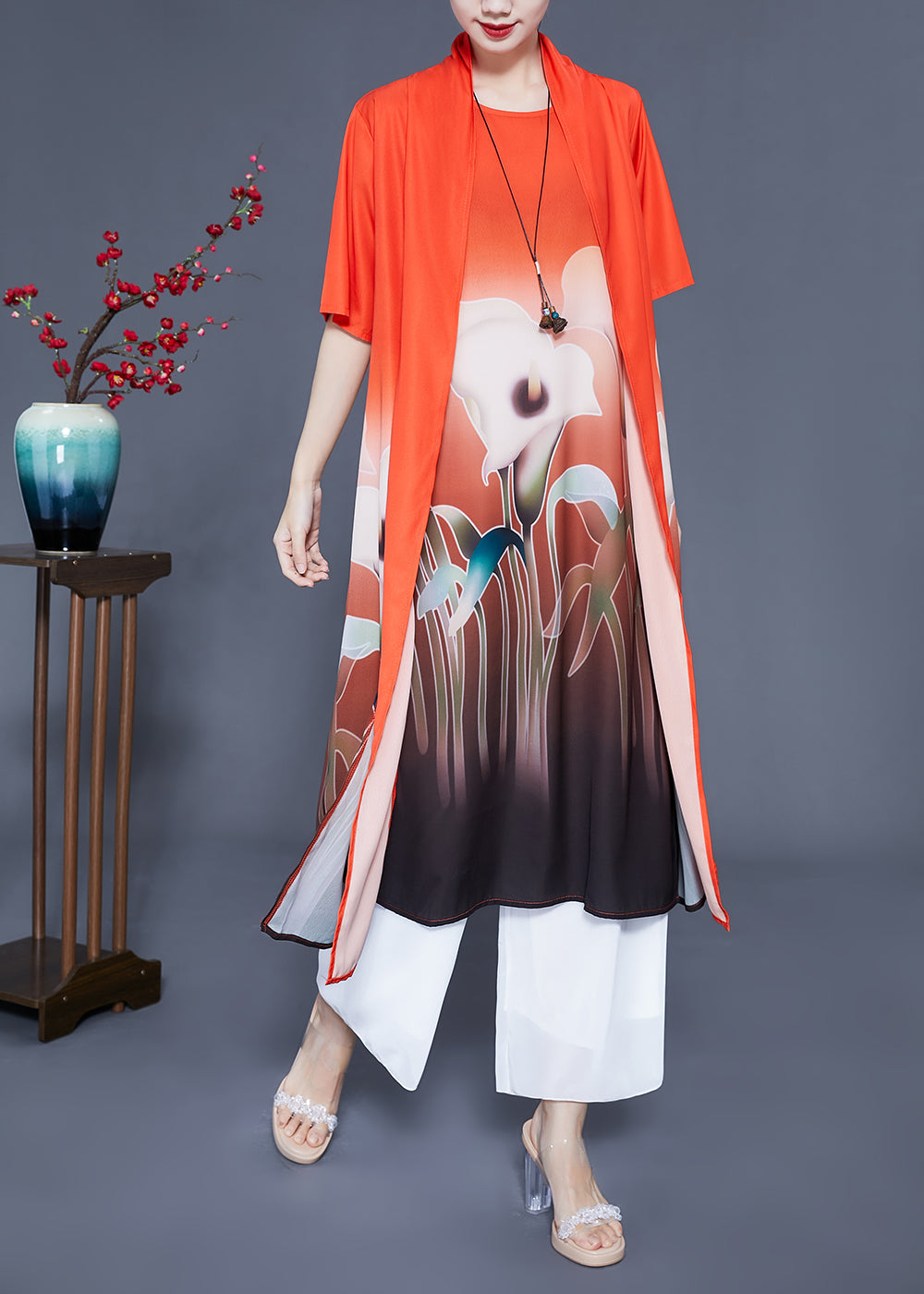 Orange Oversized Print Side Open Silk Two Pieces Set Summer