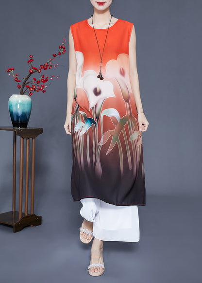 Orange Oversized Print Side Open Silk Two Pieces Set Summer