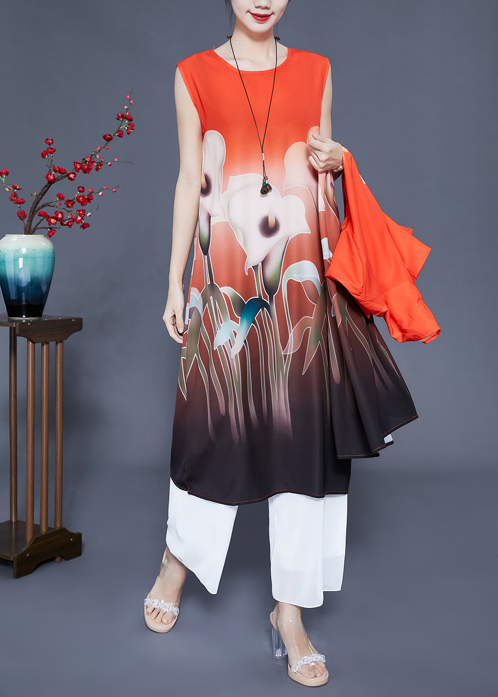 Orange Oversized Print Side Open Silk Two Pieces Set Summer