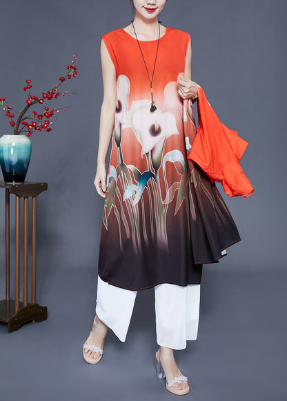 Orange Oversized Print Side Open Silk Two Pieces Set Summer
