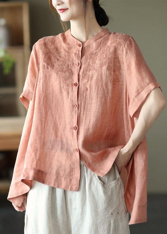Black Geometry Summer Side Open Stand Collar Ramie Loose Short Sleeve
