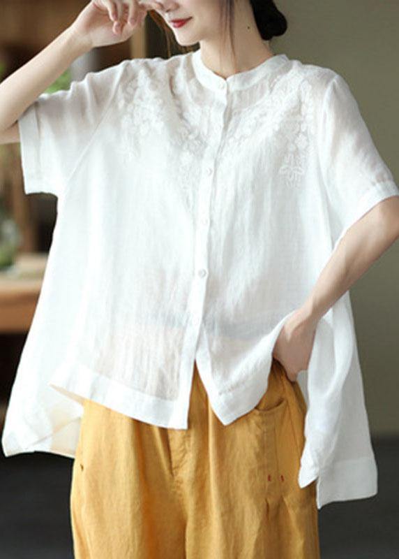 Black Geometry Summer Side Open Stand Collar Ramie Loose Short Sleeve