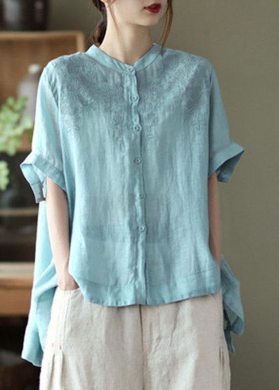 Black Geometry Summer Side Open Stand Collar Ramie Loose Short Sleeve