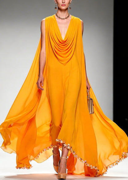 Orange Turtle Neck Exra Large Hem Chiffon Maxi Dress Summer