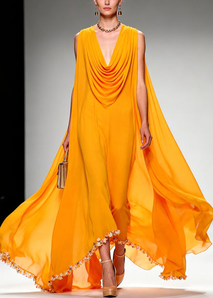 Orange Turtle Neck Exra Large Hem Chiffon Maxi Dress Summer