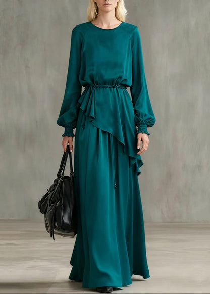 Peacock Blue Asymmetrical Cinched Cotton Two Pieces Set Summer