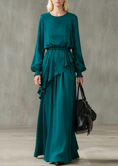 Peacock Blue Asymmetrical Cinched Cotton Two Pieces Set Summer