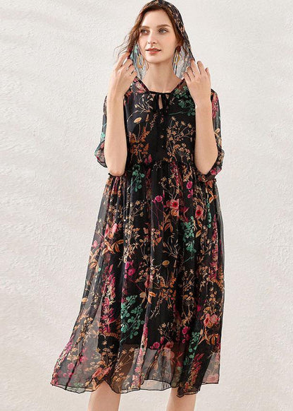 Pink Cinched Print Summer Chiffon Mid Dress Half Sleeve