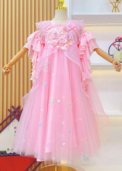 Pink Embroideried Ruffled Tulle Kids Long Dresses Summer