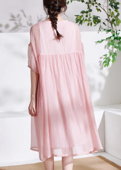 Pink O-neck Patchwork Summer Cotton Maxi Dresses Half Sleeve