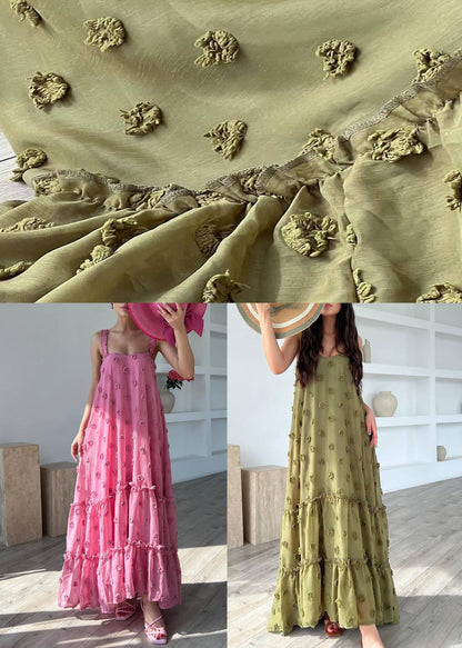 Pink Ruffled Cotton Spaghetti Strap Dress Sleeveless