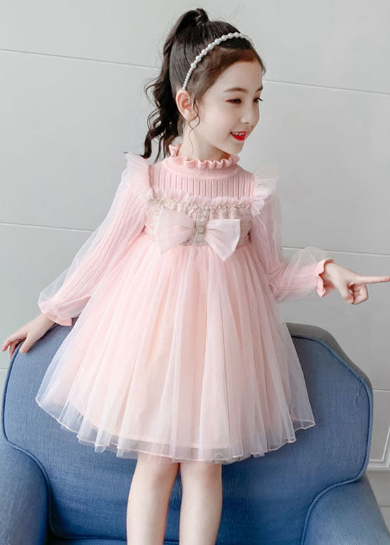 Pink Stand Collar Bow Knit Patchwork Tulle Vacation Maxi Dresses Fall