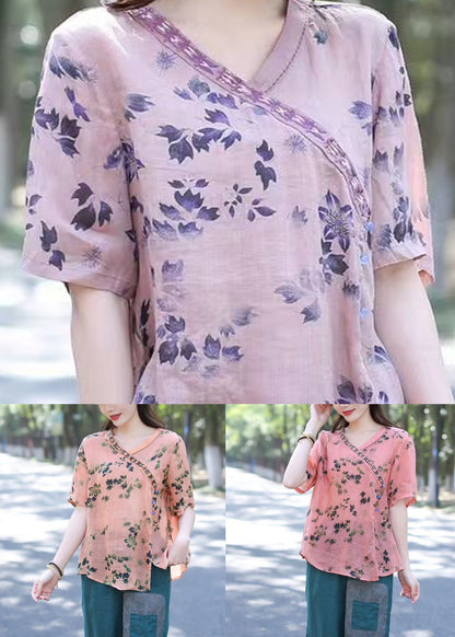 Pink V Neck Print Patchwork Linen Shirt Top Summer