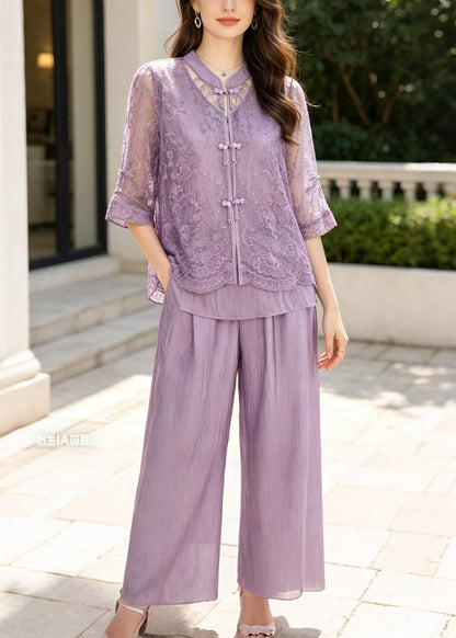 Purple Embroidered Patchwork Lace Two-piece Set Summer