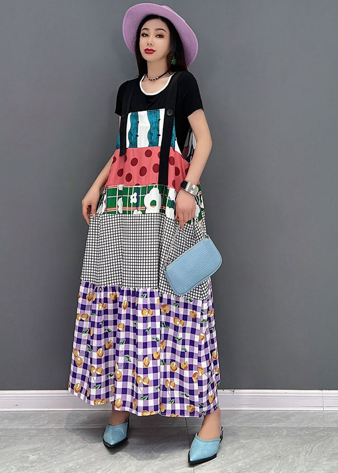 Purple O-neck Patchwork Print Cotton Strap Long Dresses Short Sleeve