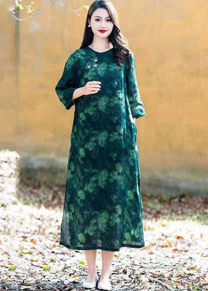 Purple O Neck Print Button Patchwork Linen Long Dress Summer