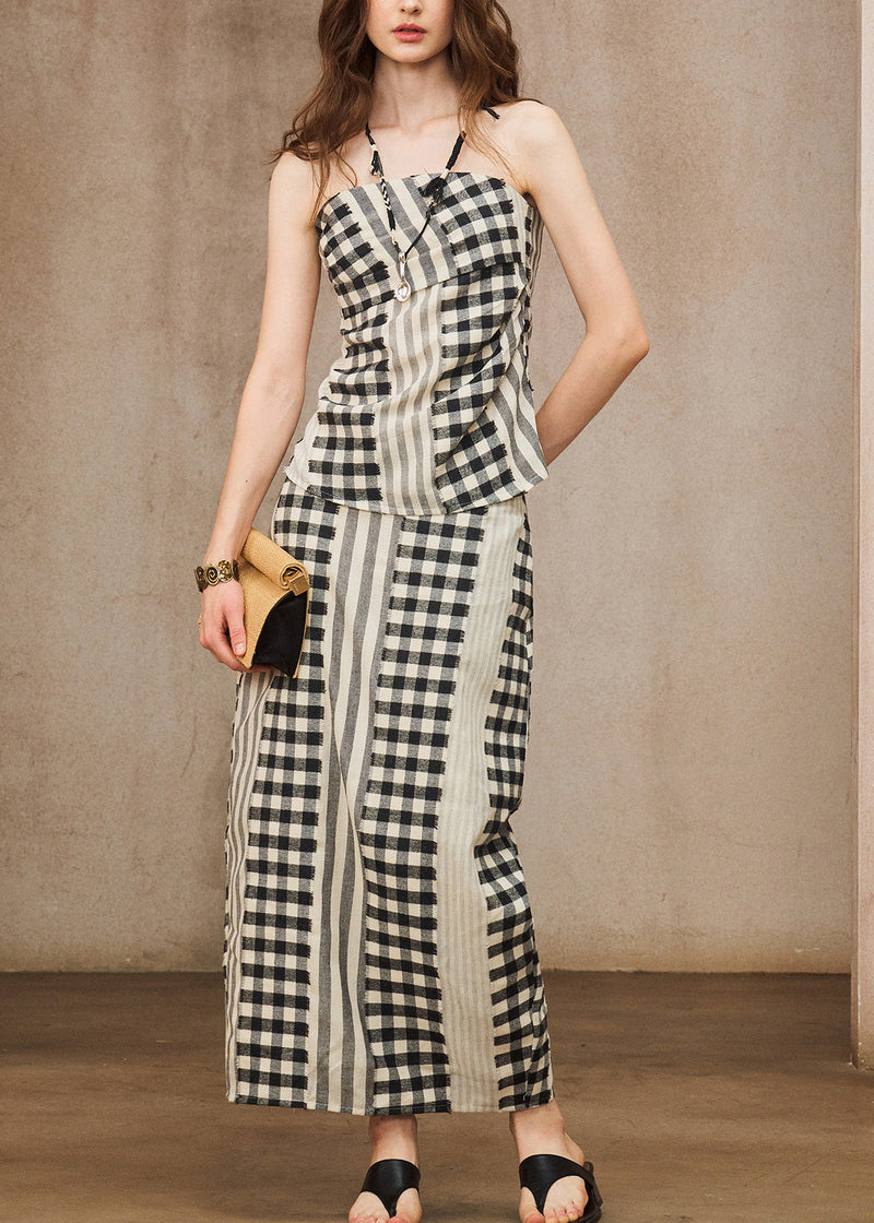 Red Backless Plaid Cotton Two Pieces Set Summer
