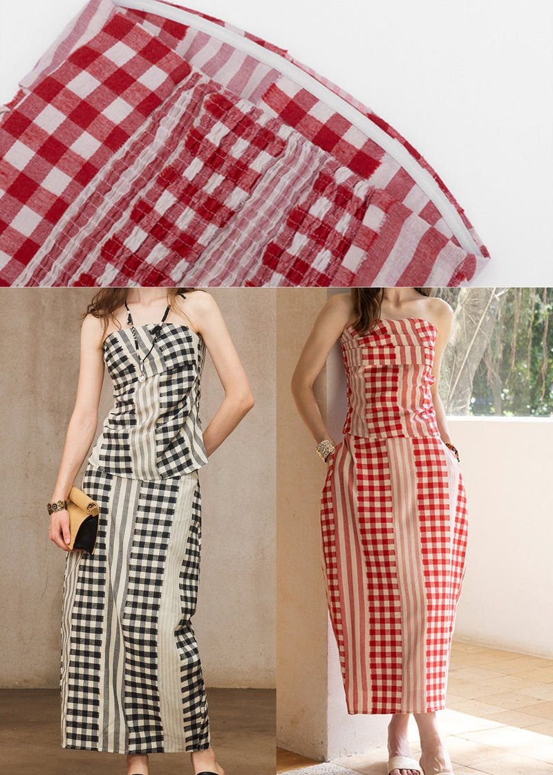 Red Backless Plaid Cotton Two Pieces Set Summer