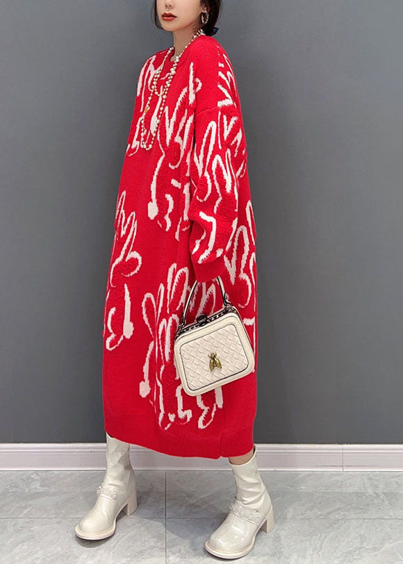 Red O Neck Animal Jacquard Knit Sweater Dress Winter