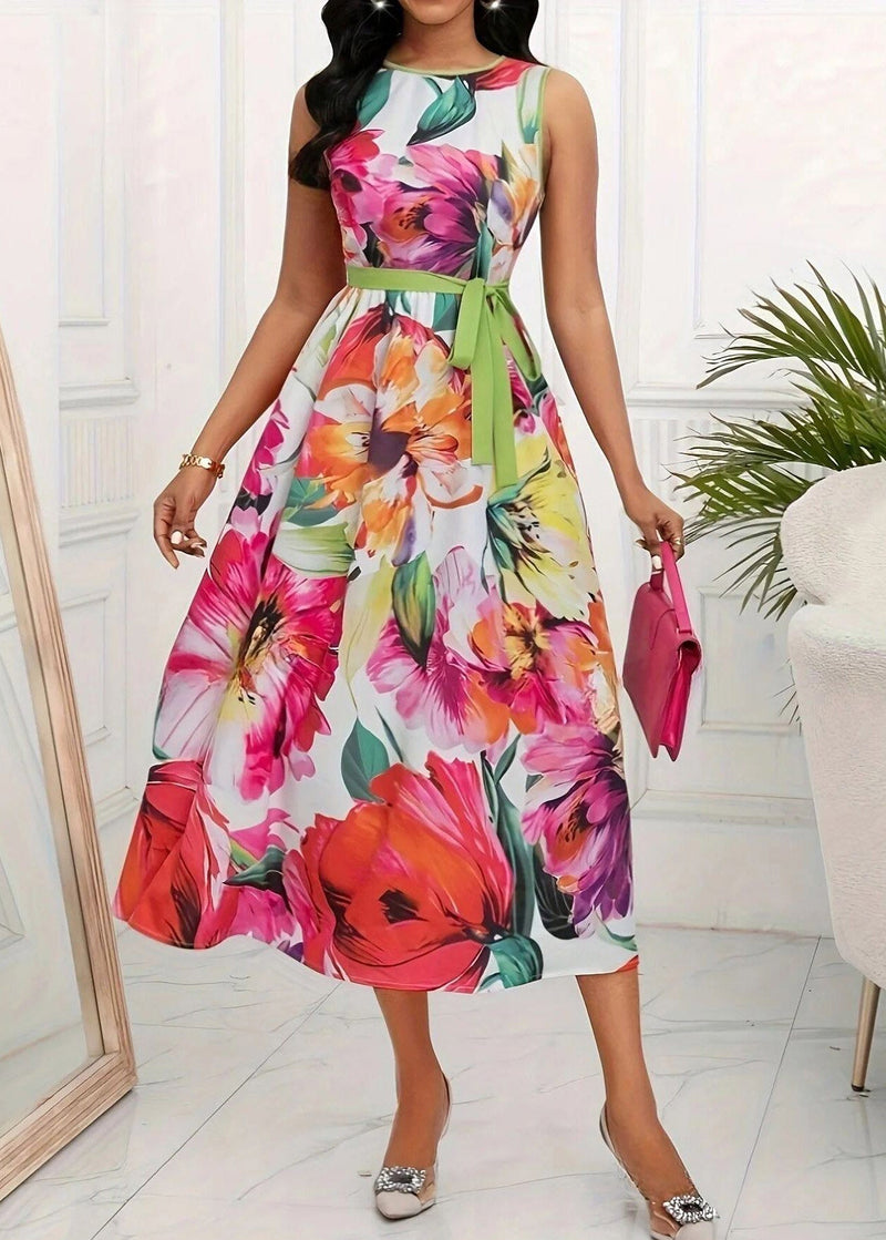 Red O-neck Print Tie Waist Maxi Dress Sleeveless