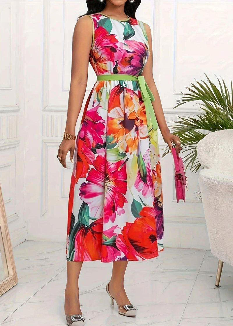 Red O-neck Print Tie Waist Maxi Dress Sleeveless