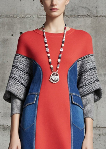Red Patchwork Denim Cotton Sweatshirts Dress Batwing Sleeve
