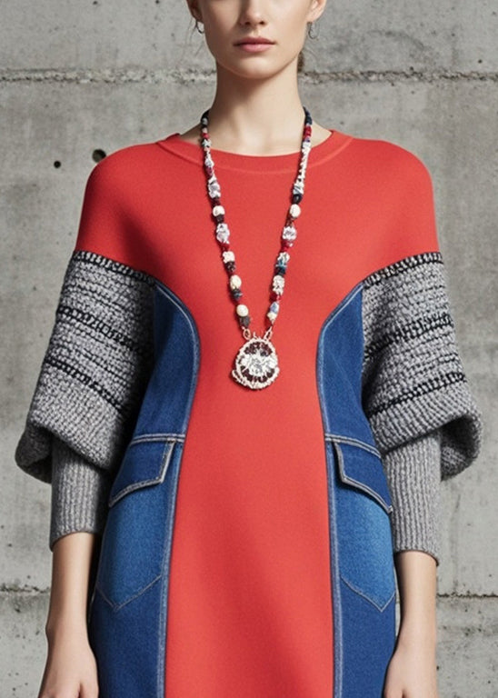 Red Patchwork Denim Cotton Sweatshirts Dress Batwing Sleeve