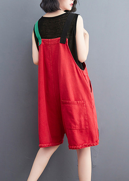 Red Slash Neck Graphic Print Patchwork Button Denim Jumpsuit Summer