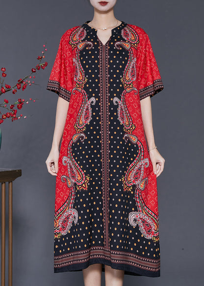 Red V Neck Print Chiffon Holiday Dresses Summer