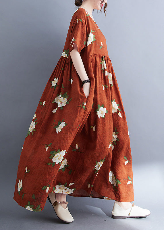 Rust O-neck Patchwork Print Vacation Maxi Dresses Short Sleeve