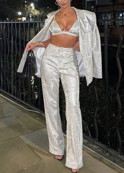 Silver Notched Sequins Coats ,vest and Straight Pants Three Piece Set Fall