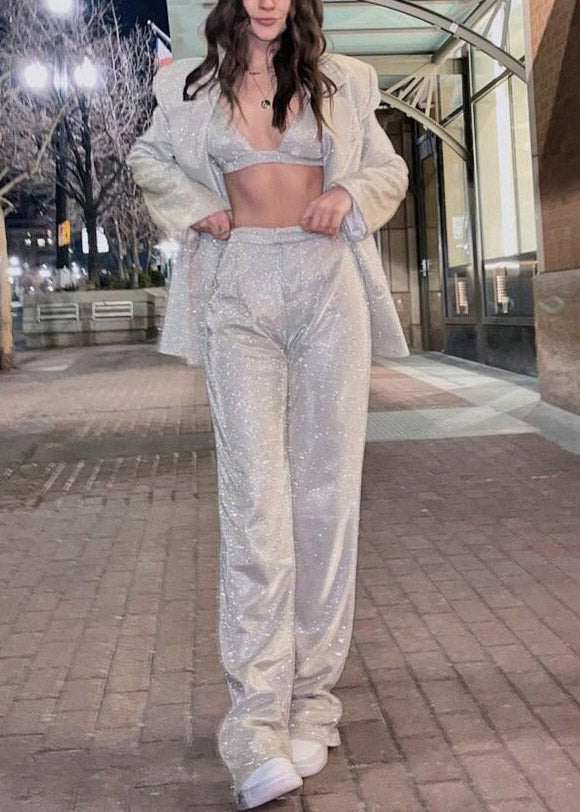 Silver Notched Sequins Coats ,vest and Straight Pants Three Piece Set Fall