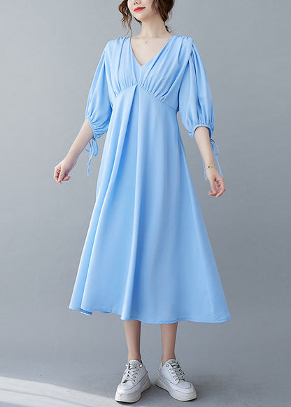 Blue V Neck Wrinkled Chiffon Long Dresses Bracelet Sleeve