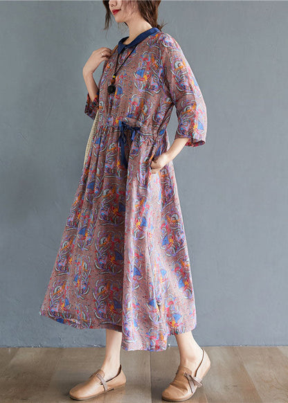 Tie Waist Print Pockets Fall Mid Dress Half Sleeve