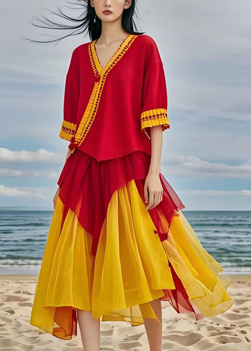V Neck Asymmetrical Design Patchwork Chiffon Dresses Summer