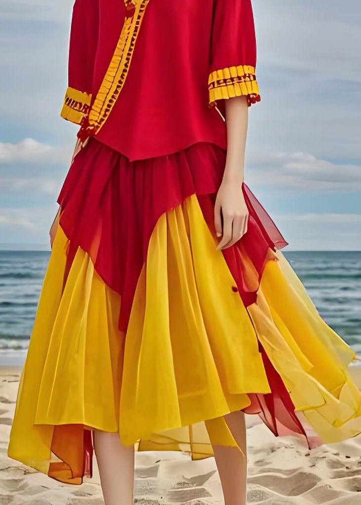 V Neck Asymmetrical Design Patchwork Chiffon Dresses Summer