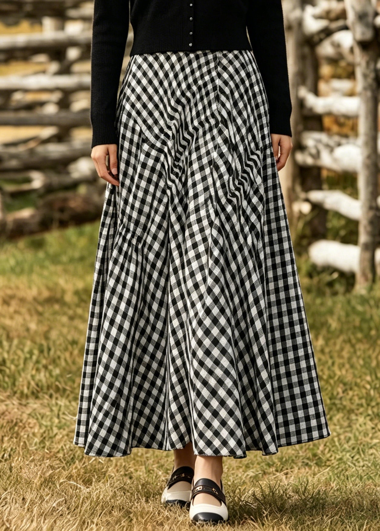 V Neck Plaid Exra Large Hem Cotton Two Pieces Set Spring