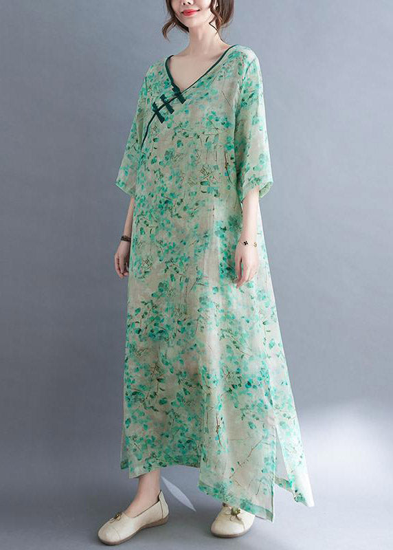 V Neck Print Button Side Open Holiday Dress Three Quarter Sleeve