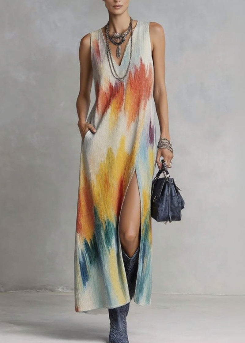 V Neck Side Open Print Long Dresses Sleeveless
