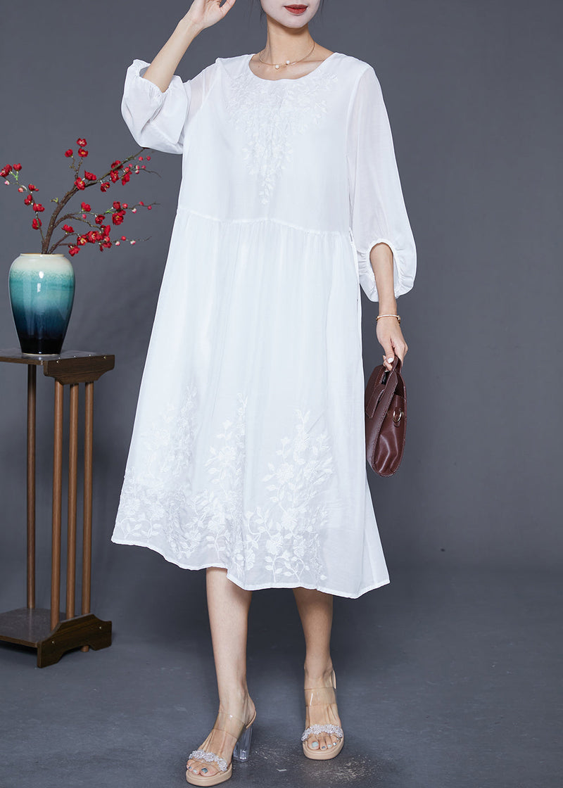 White Embroidered Oversized Cotton Dress Lantern Sleeve