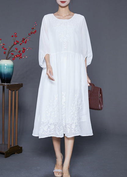 White Embroidered Oversized Cotton Dress Lantern Sleeve